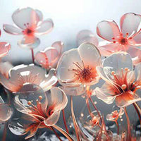 Fiori in vetro trasparente e rosa che decorano un paesaggio luminoso e moderno.