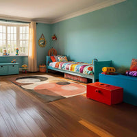 Camera colorata con tappeto Skin Astri, letto decorato e mobili blu, ideale per ambienti moderni e creativi.