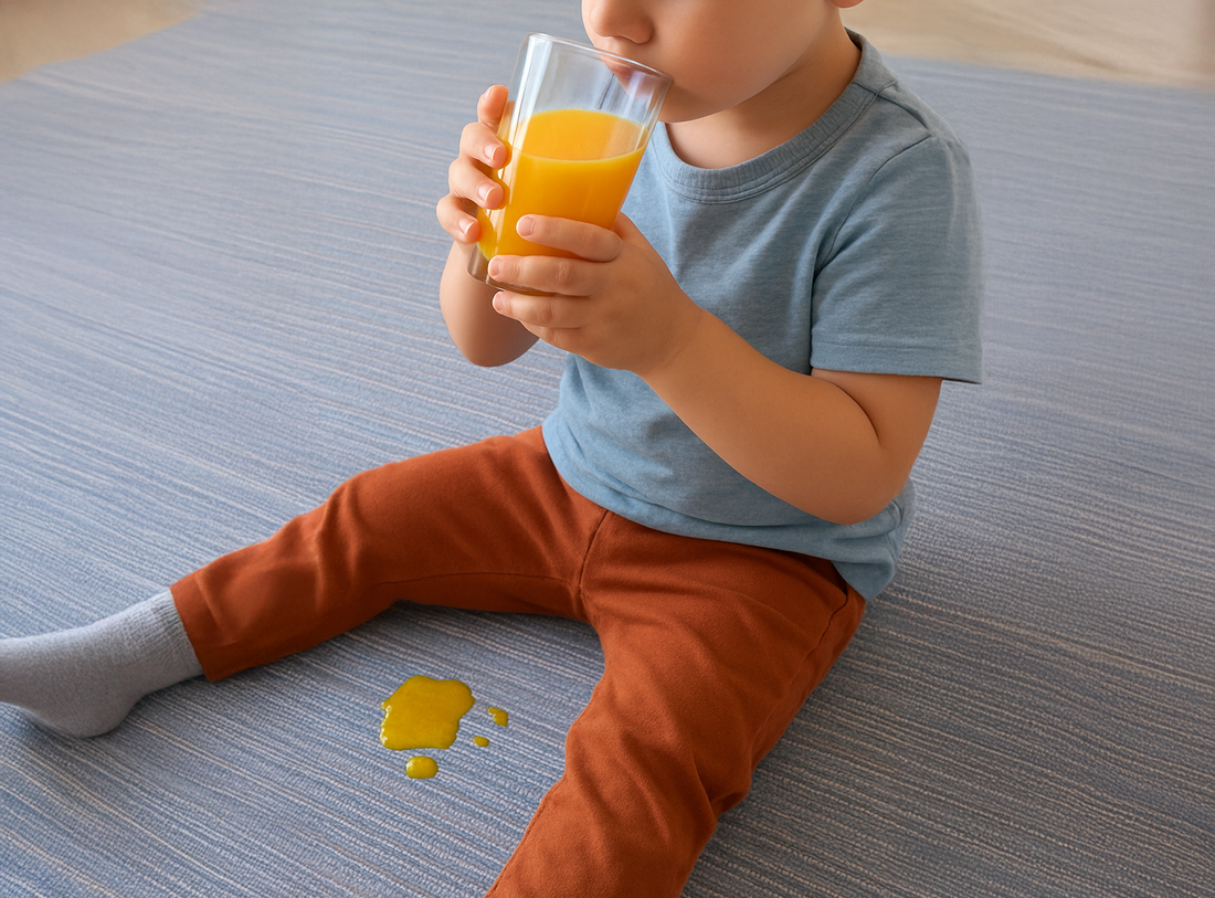 Bambino che beve un succo d'arancia sulla Passatoia Cucina Genia Beige, con una macchia di succo sul pavimento.