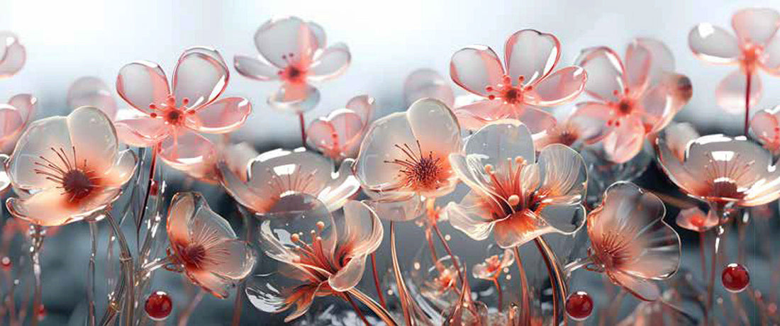 Fiori in vetro trasparente e rosa che decorano un paesaggio luminoso e moderno.