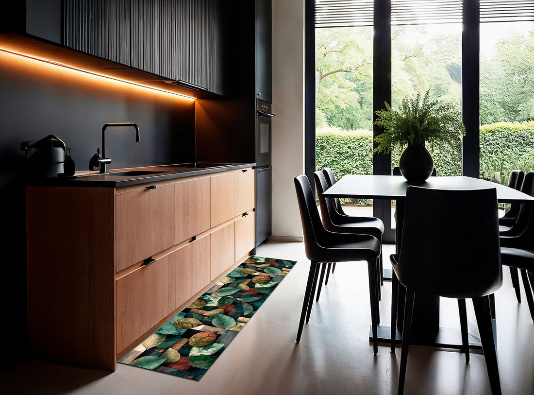 Passatoia Cucina Daily Cubismo nel design moderno della cucina con pavimento in legno e mobili eleganti.