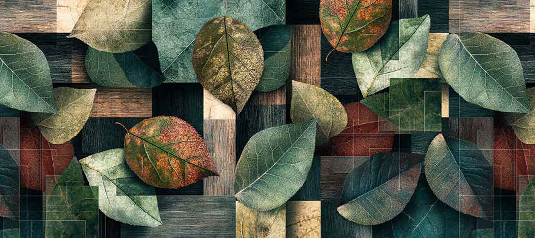 Passatoia Cucina Daily Cubismo con design di foglie verdi e texture moderne su sfondo colorato.
