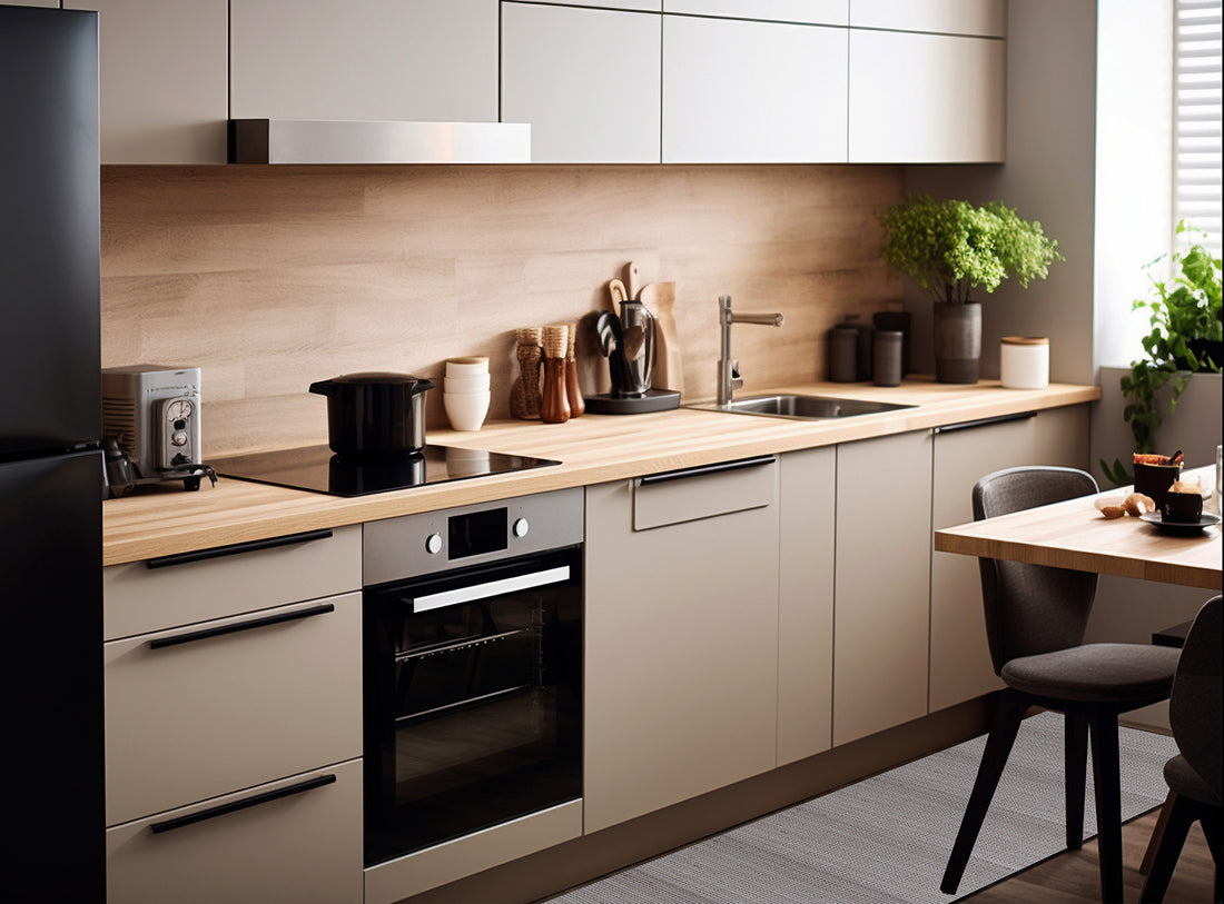 Cucina moderna con armadietti beige, piano in legno, forno e lavello, ambiente elegante e funzionale.