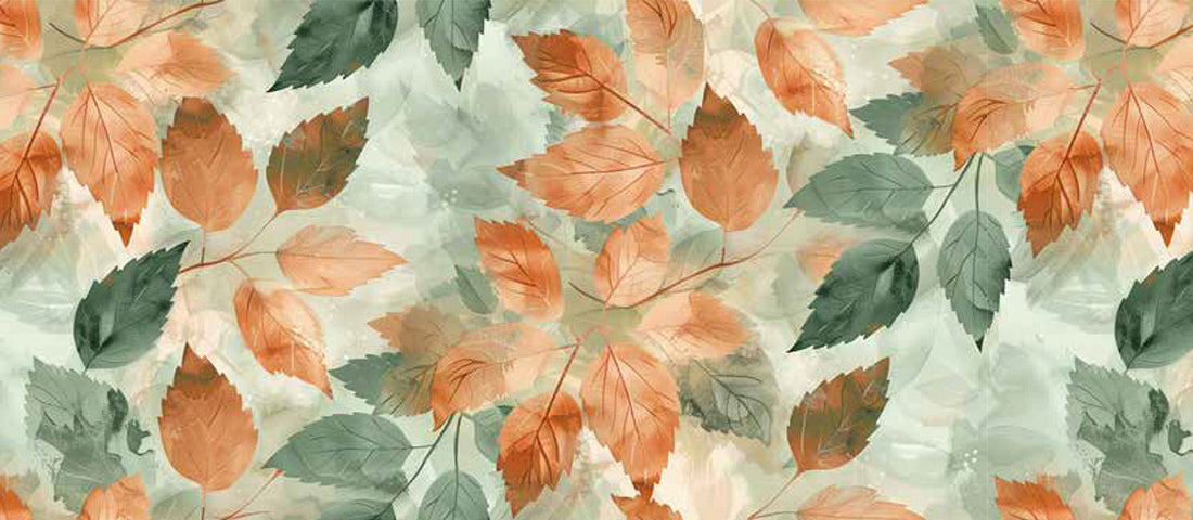 Passatoia Cucina Daily Elogio con un motivo di foglie colorate in tonalità verdi e arancioni.