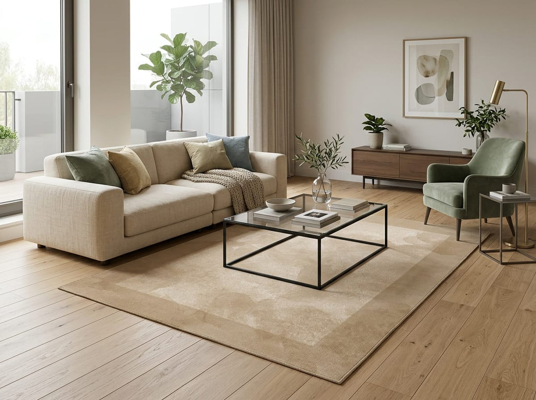 Tappeto Indoor Nebula in a modern living room with a beige rug, stylish furniture, and indoor plants.