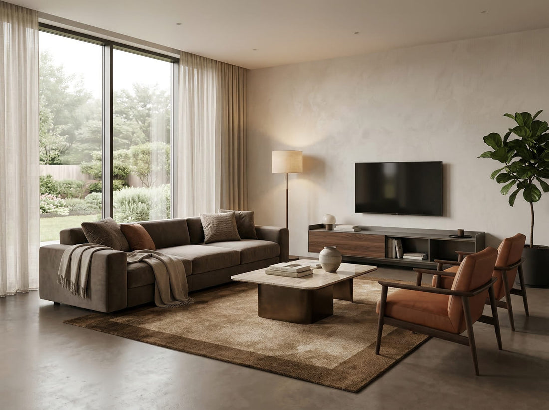 Spacious living room featuring Tappeto Indoor Teorema, accent chairs, and large windows for natural light.